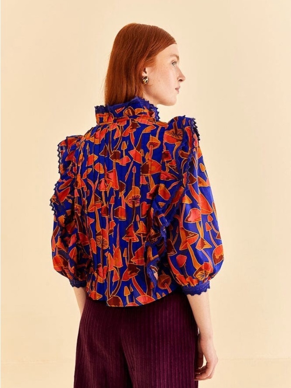 Farm Rio: MUSHROOM SKETCH BRIGHT BLUE BLOUSE